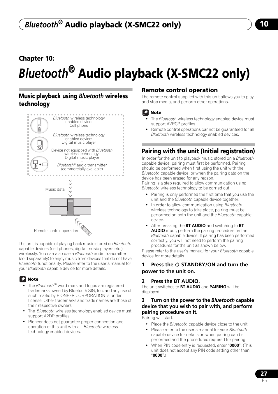 10 bluetooth ® audio playback (x-smc22, Only), Music playback using bluetooth wireless | Technology, Remote control operation, Pairing with the unit (initial registration), Bluetooth, Audio playback (x-smc22 only), Chapter 10, Music playback using bluetooth wireless technology | Pioneer X-SMC11-S User Manual | Page 27 / 37