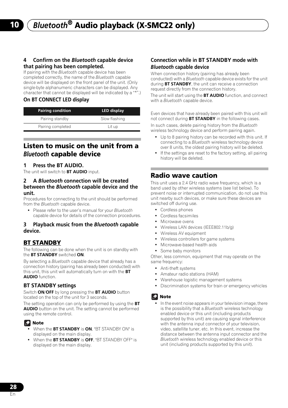 Device, Bt standby, Radio wave caution | Bluetooth, Audio playback (x-smc22 only) | Pioneer X-SMC11-S User Manual | Page 28 / 37