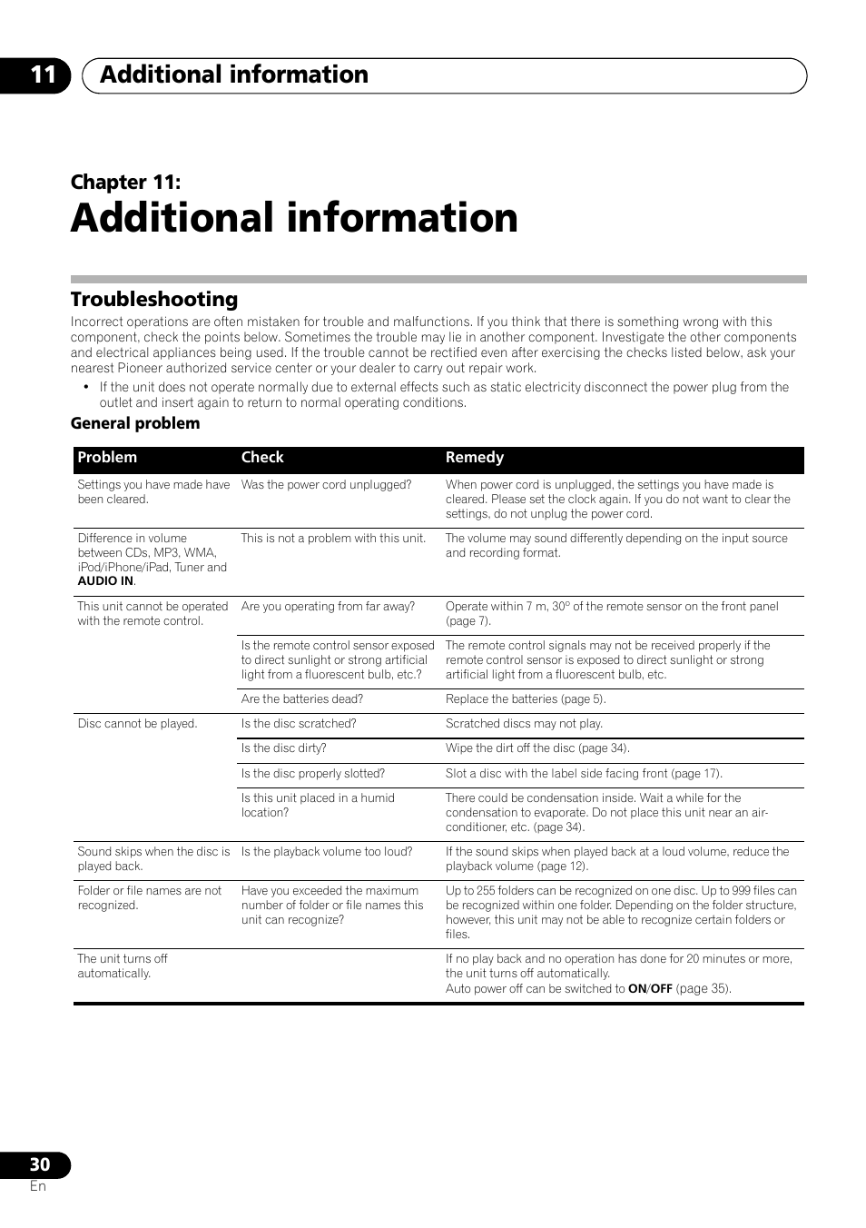 11 additional information, Troubleshooting, Additional information | Additional information 11, Chapter 11, General problem | Pioneer X-SMC11-S User Manual | Page 30 / 37