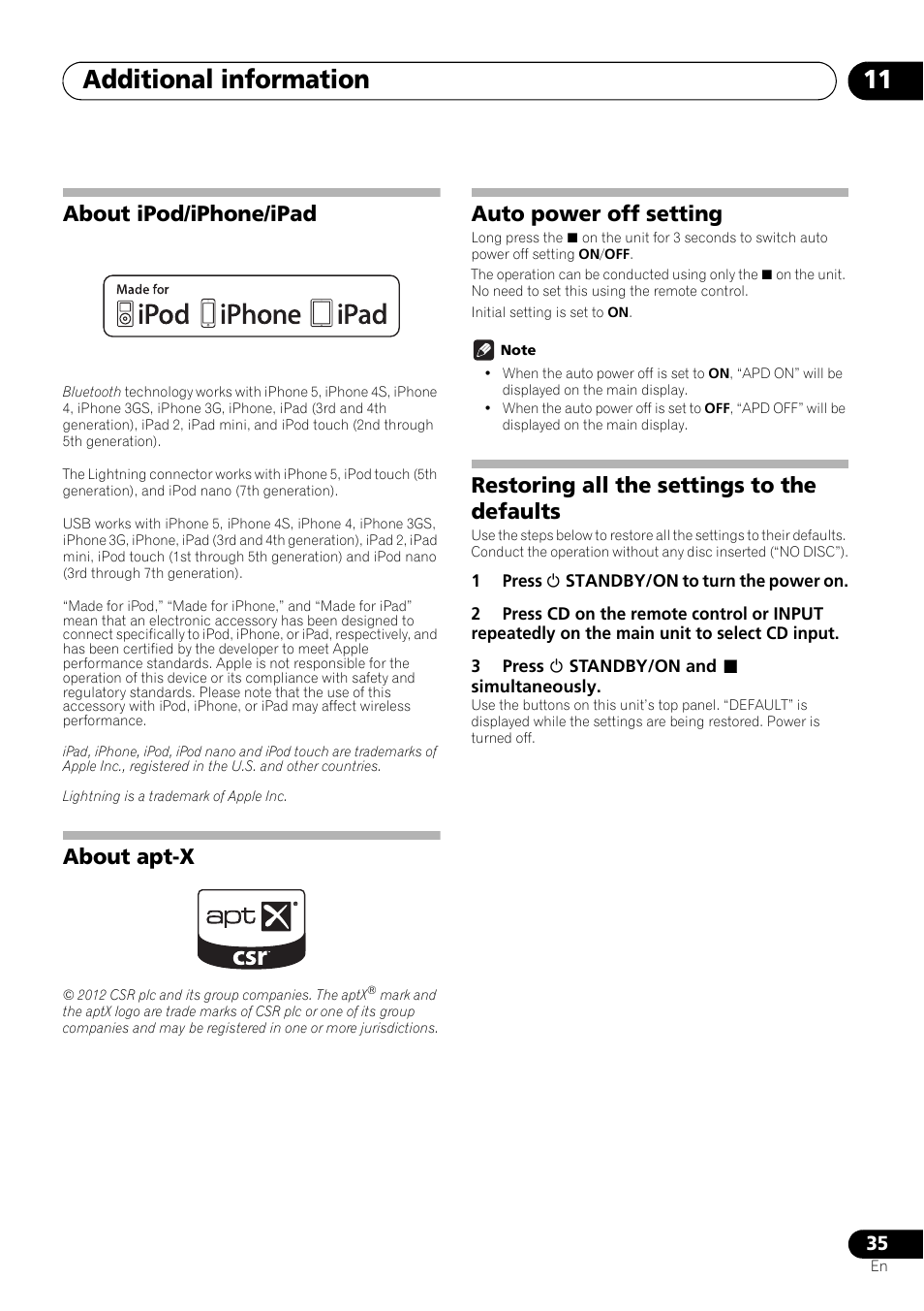 About ipod/iphone/ipad, About apt-x, Auto power off setting | Restoring all the settings to the defaults, Additional information 11 | Pioneer X-SMC11-S User Manual | Page 35 / 37