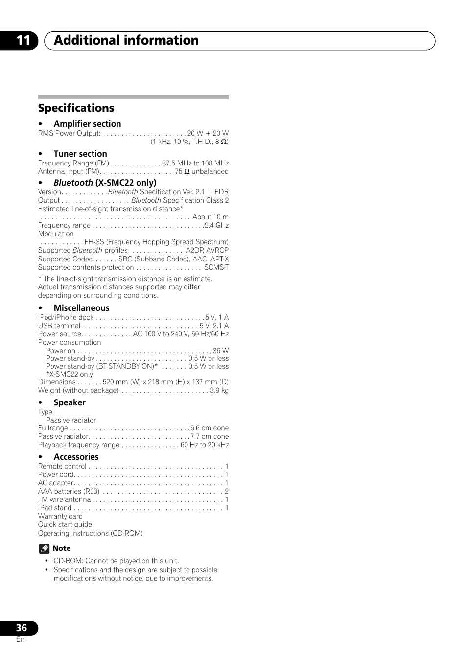 Specifications, Additional information 11 | Pioneer X-SMC11-S User Manual | Page 36 / 37