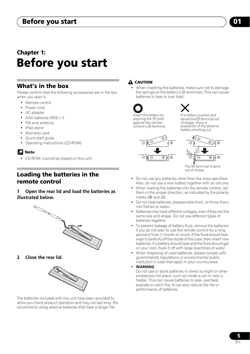 01 before you start, What’s in the box, Loading the batteries in the remote control | Before you start, Before you start 01, Chapter 1 | Pioneer X-SMC11-S User Manual | Page 5 / 37