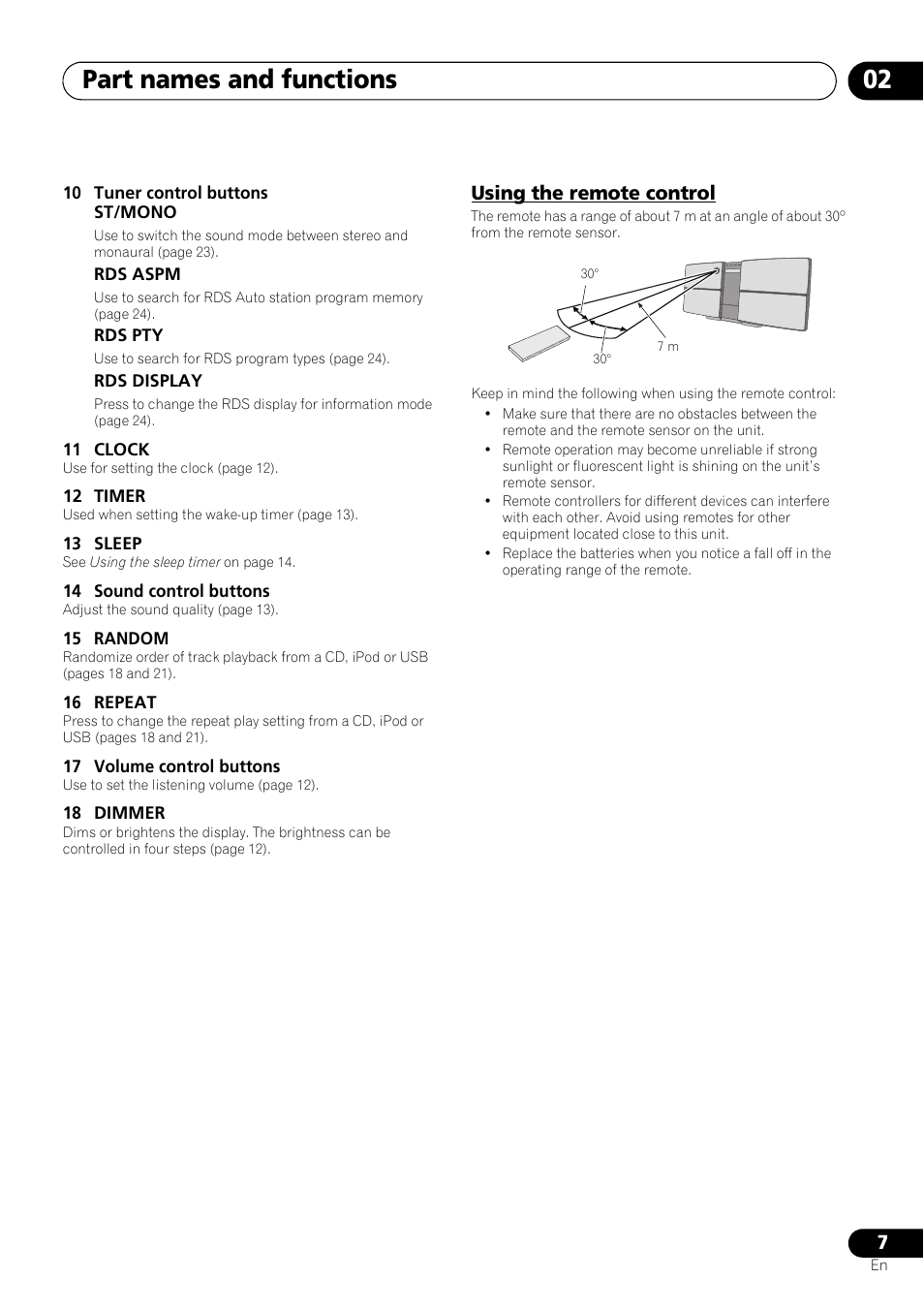Using the remote control, Part names and functions 02 | Pioneer X-SMC11-S User Manual | Page 7 / 37