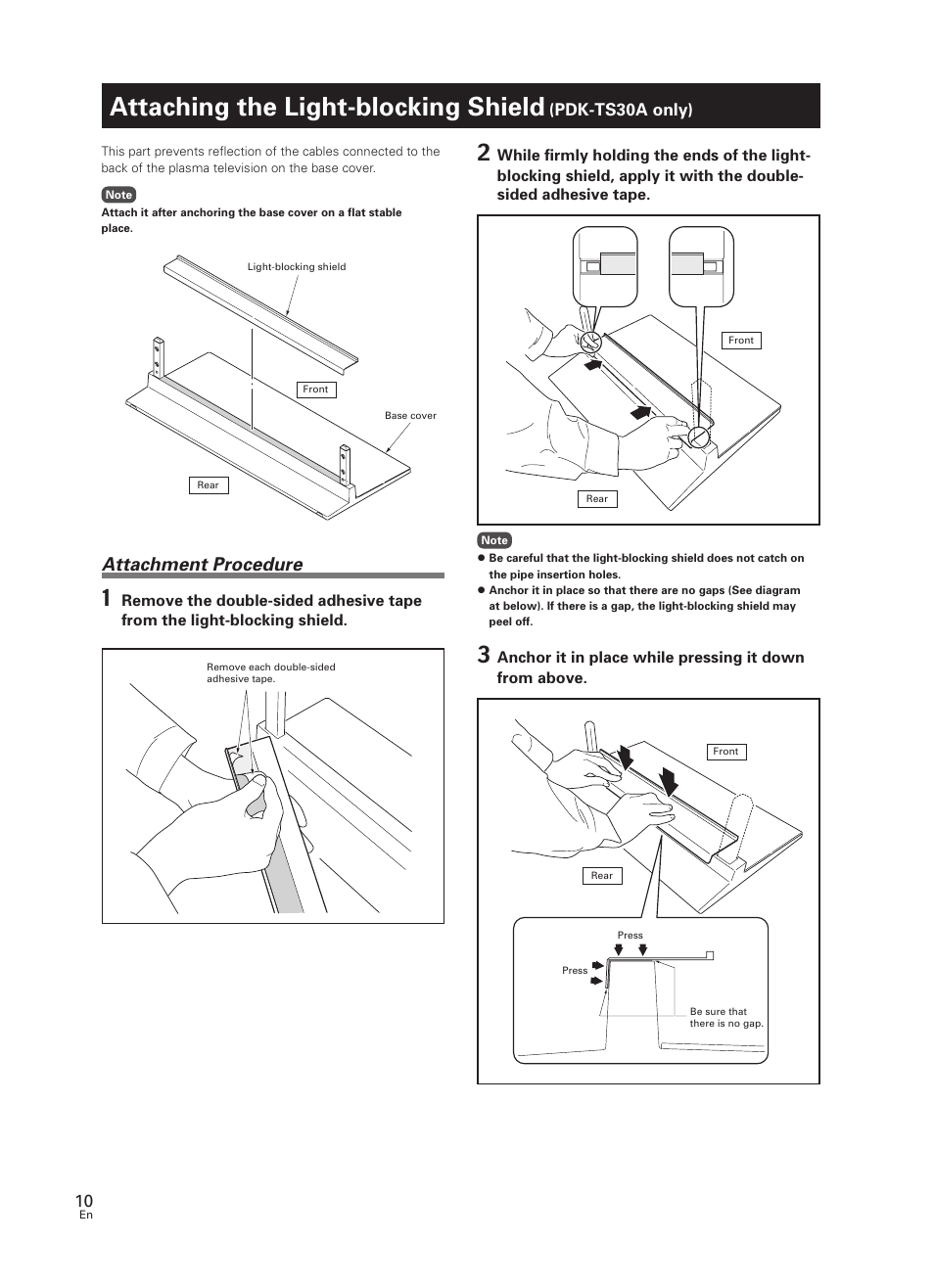 Attaching the light-blocking shield, Pdk-ts30a only), Attachment procedure | Pioneer PDK-TS30 User Manual | Page 10 / 50