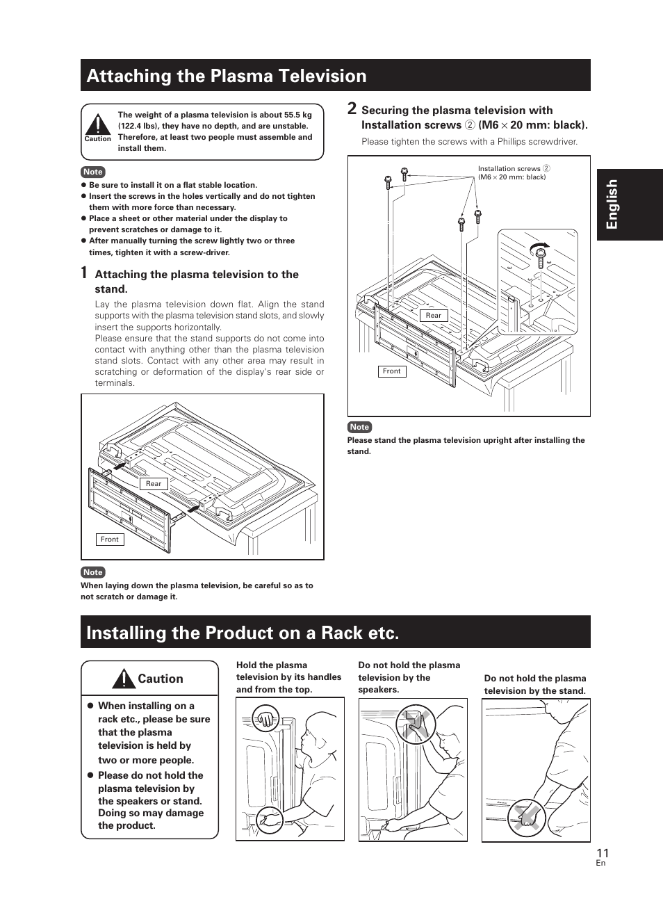 Attaching the plasma television, Installing the product on a rack etc, English | Pioneer PDK-TS30 User Manual | Page 11 / 50