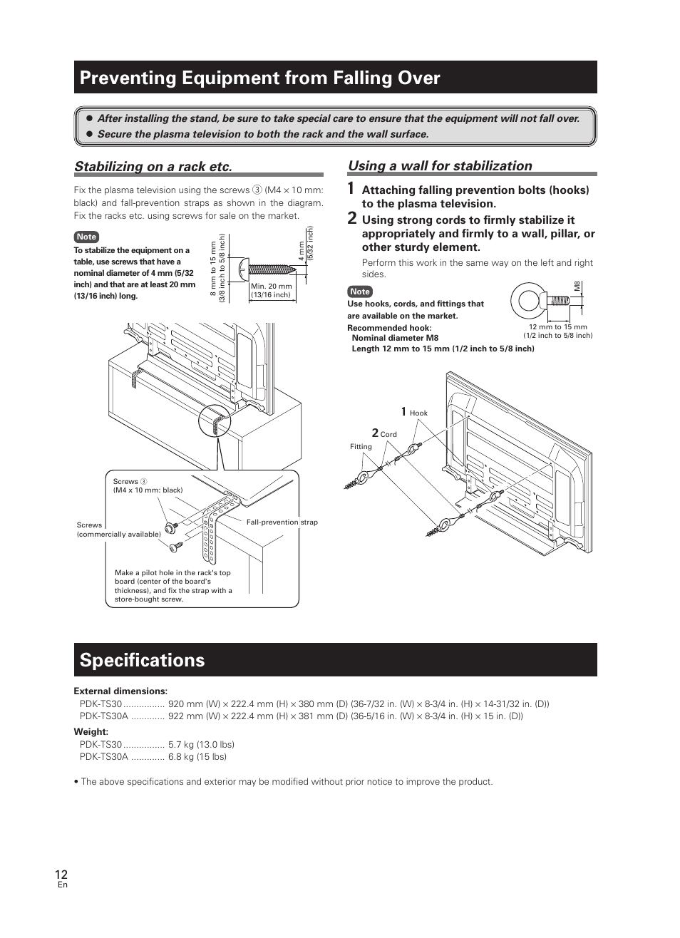 Preventing equipment from falling over, Specifications, Stabilizing on a rack etc | Using a wall for stabilization | Pioneer PDK-TS30 User Manual | Page 12 / 50