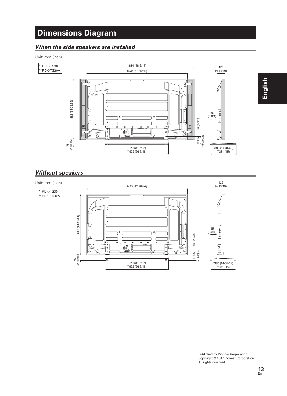 Dimensions diagram, English, When the side speakers are installed | Without speakers | Pioneer PDK-TS30 User Manual | Page 13 / 50