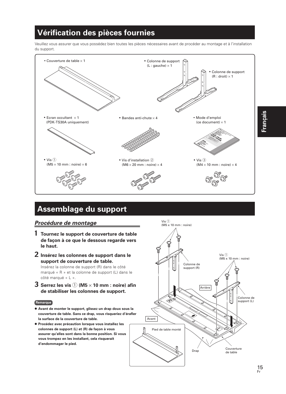 Vérification des pièces fournies, Assemblage du support, Français | Procédure de montage | Pioneer PDK-TS30 User Manual | Page 15 / 50