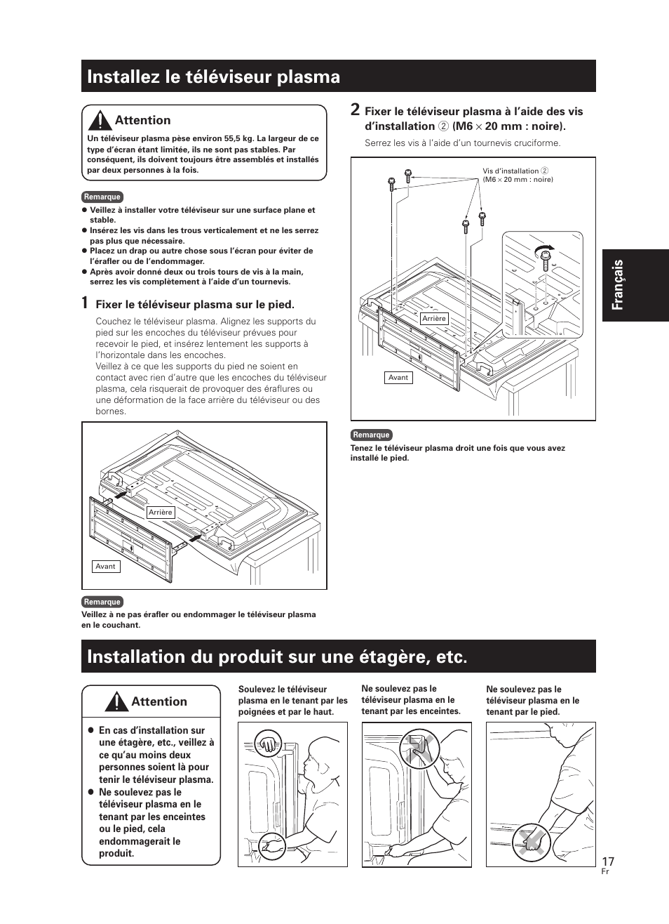 Installez le téléviseur plasma, Installation du produit sur une étagère, etc, Fran çais | Pioneer PDK-TS30 User Manual | Page 17 / 50