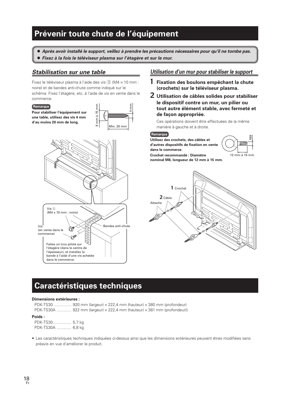 Prévenir toute chute de l’équipement, Caractéristiques techniques, Stabilisation sur une table | Utilisation d’un mur pour stabiliser le support | Pioneer PDK-TS30 User Manual | Page 18 / 50