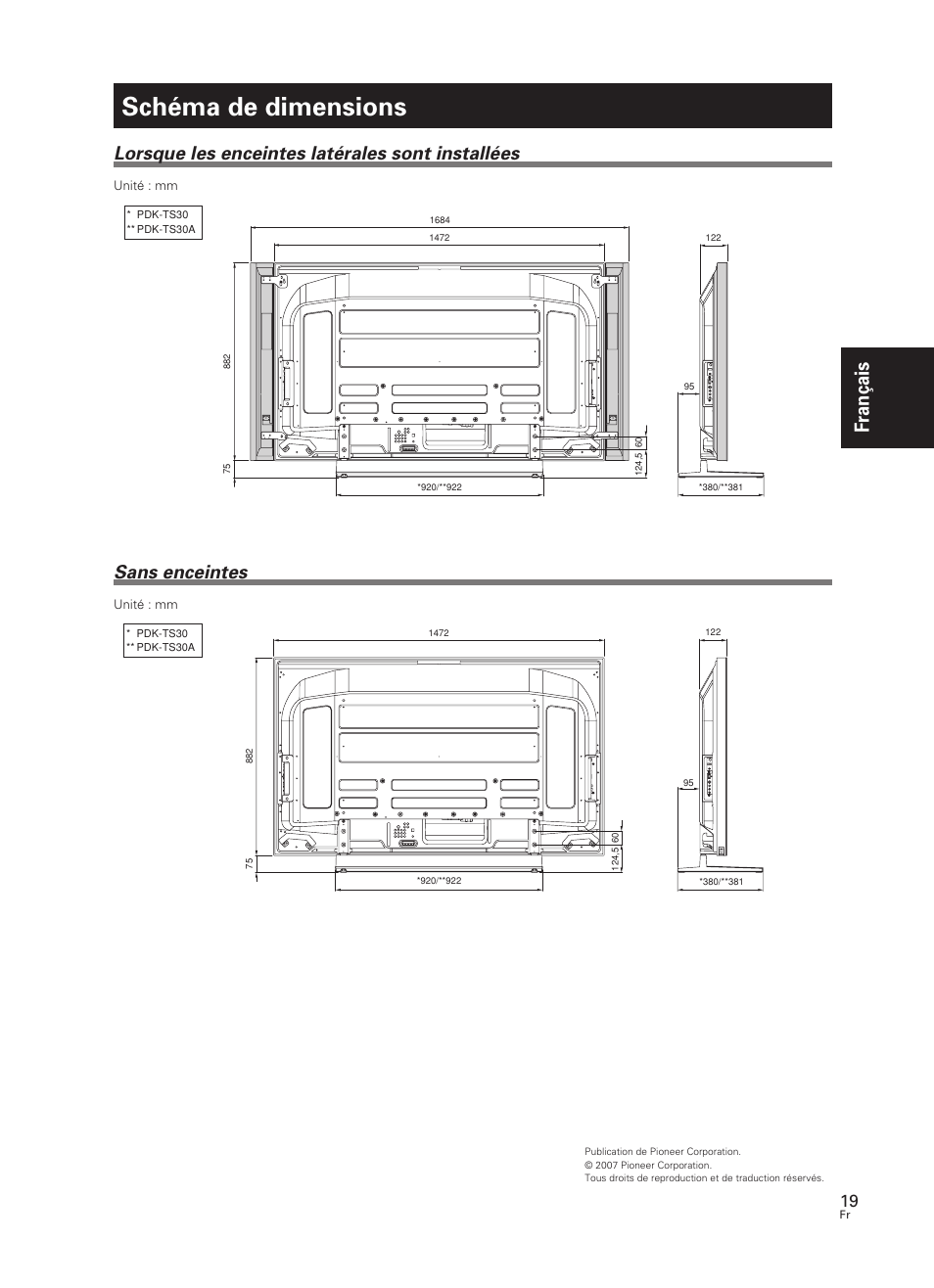 Schéma de dimensions, Fran çais, Lorsque les enceintes latérales sont installées | Sans enceintes | Pioneer PDK-TS30 User Manual | Page 19 / 50