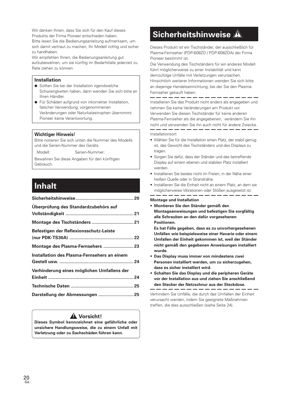 Bedienungsanleitung, Tischständer, Inhalt | Sicherheitshinweise | Pioneer PDK-TS30 User Manual | Page 20 / 50