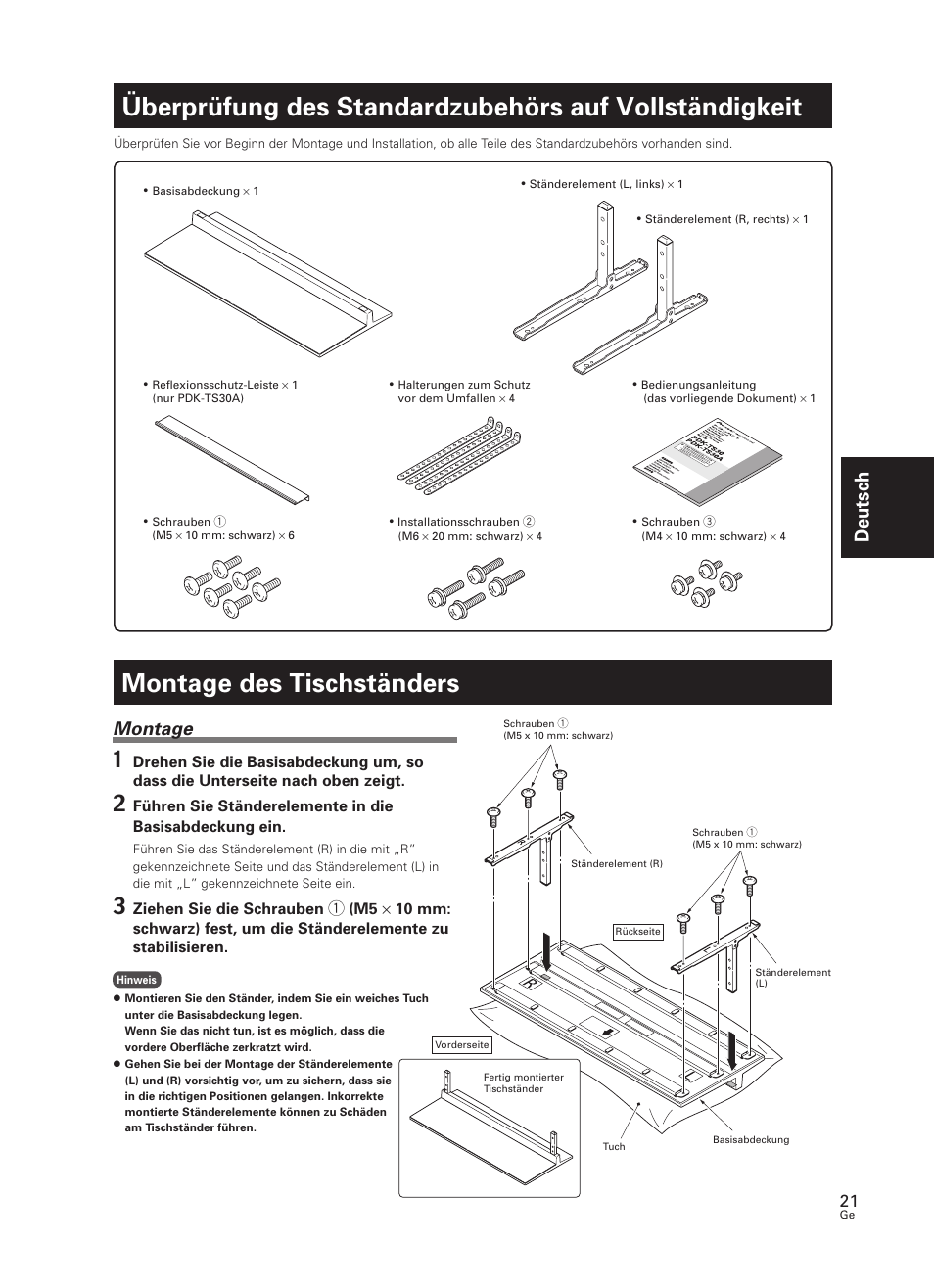 Überprüfung des standardzubehörs auf, Vollständigkeit, Montage des tischständers | Deutsch, Montage | Pioneer PDK-TS30 User Manual | Page 21 / 50
