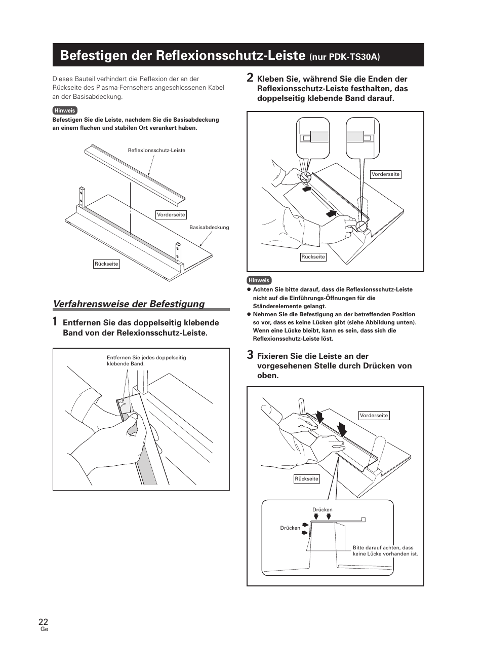 Befestigen der reflexionsschutz-leiste, Nur pdk-ts30a), Verfahrensweise der befestigung | Pioneer PDK-TS30 User Manual | Page 22 / 50