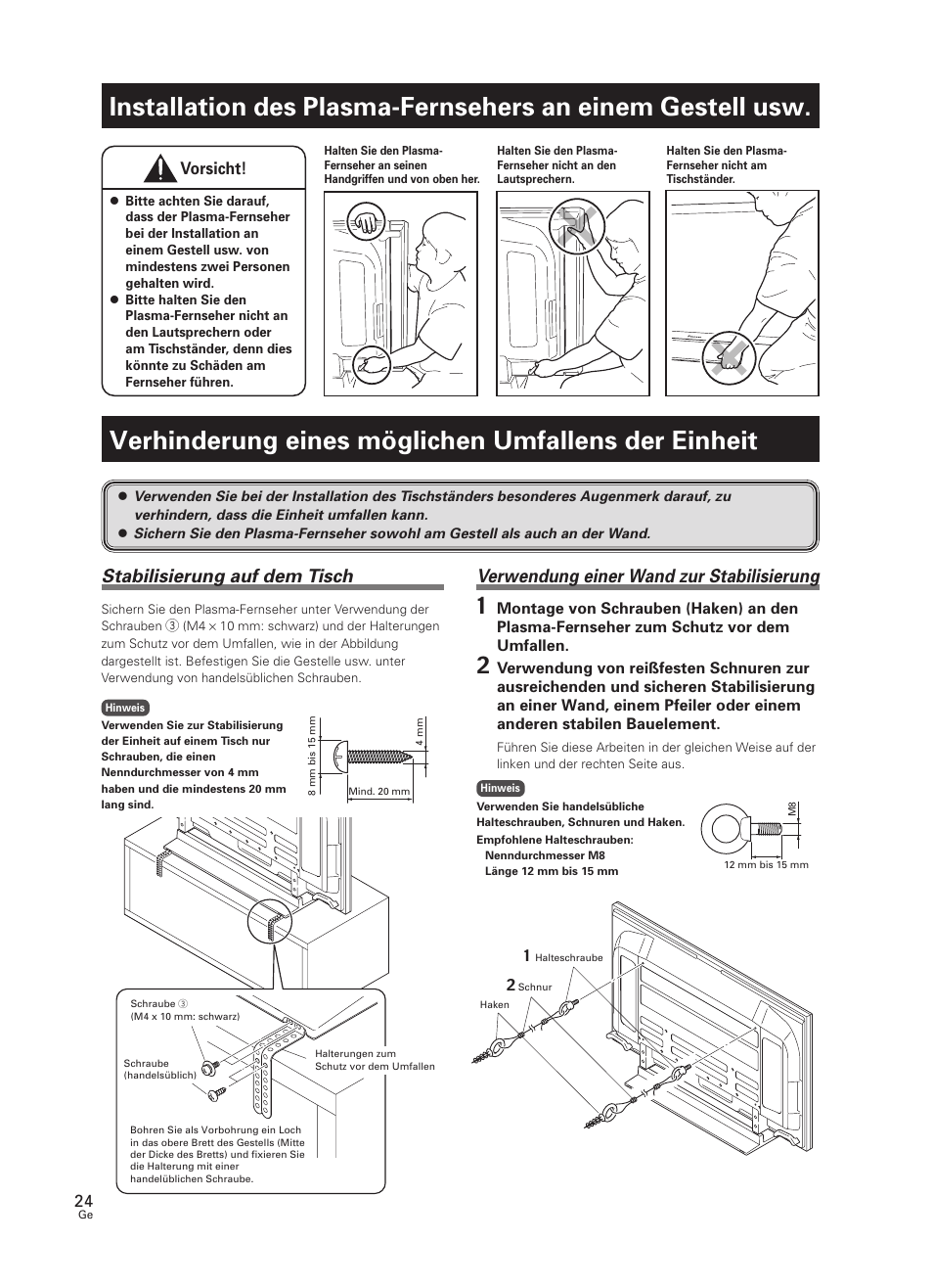 Installation des plasma-fernsehers an einem, Gestell usw, Verhinderung eines möglichen umfallens der | Einheit, Verhinderung eines möglichen umfallens der einheit, Stabilisierung auf dem tisch, Verwendung einer wand zur stabilisierung, Vorsicht | Pioneer PDK-TS30 User Manual | Page 24 / 50