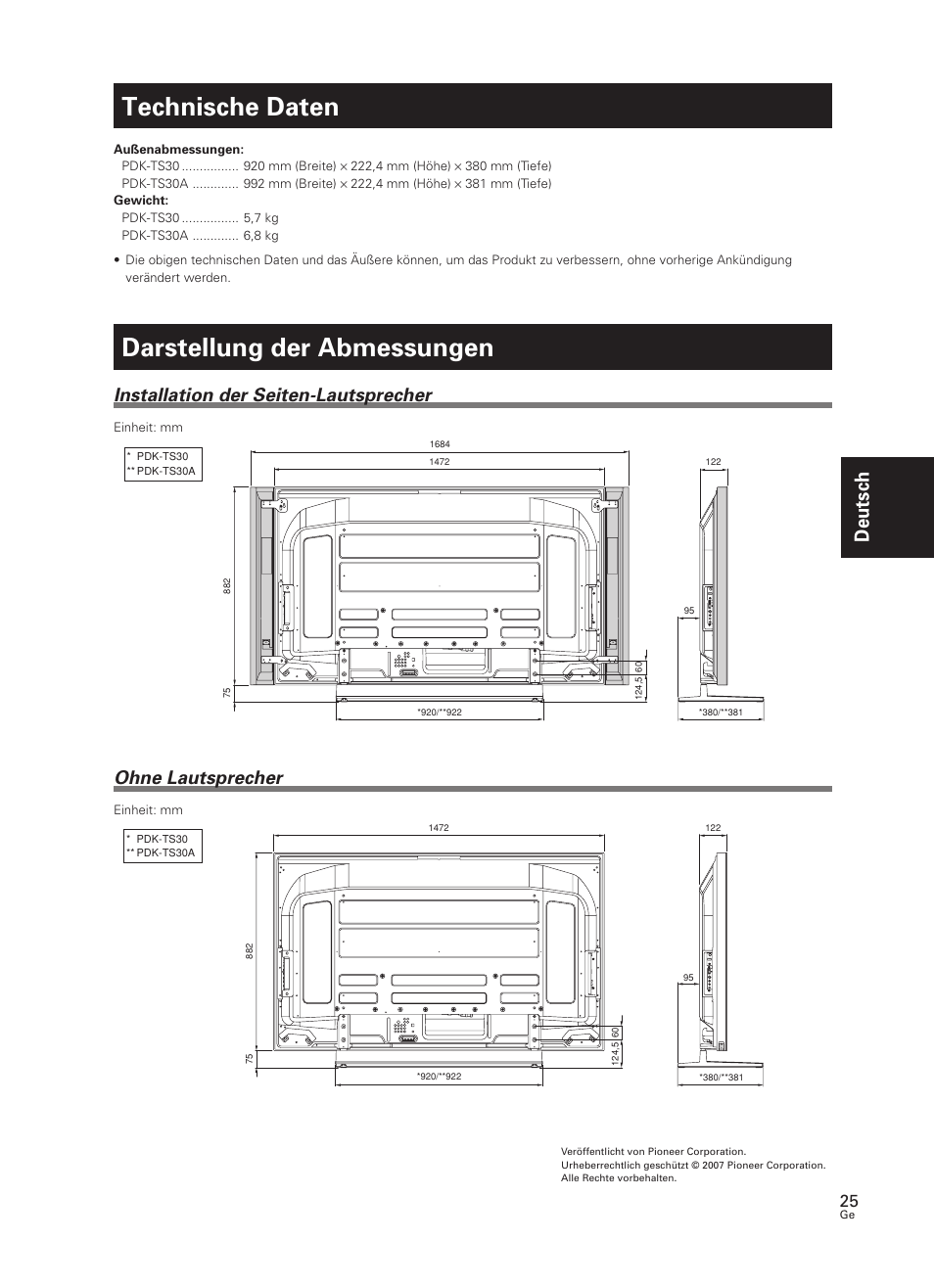 Technische daten, Darstellung der abmessungen, Deutsch | Installation der seiten-lautsprecher, Ohne lautsprecher | Pioneer PDK-TS30 User Manual | Page 25 / 50