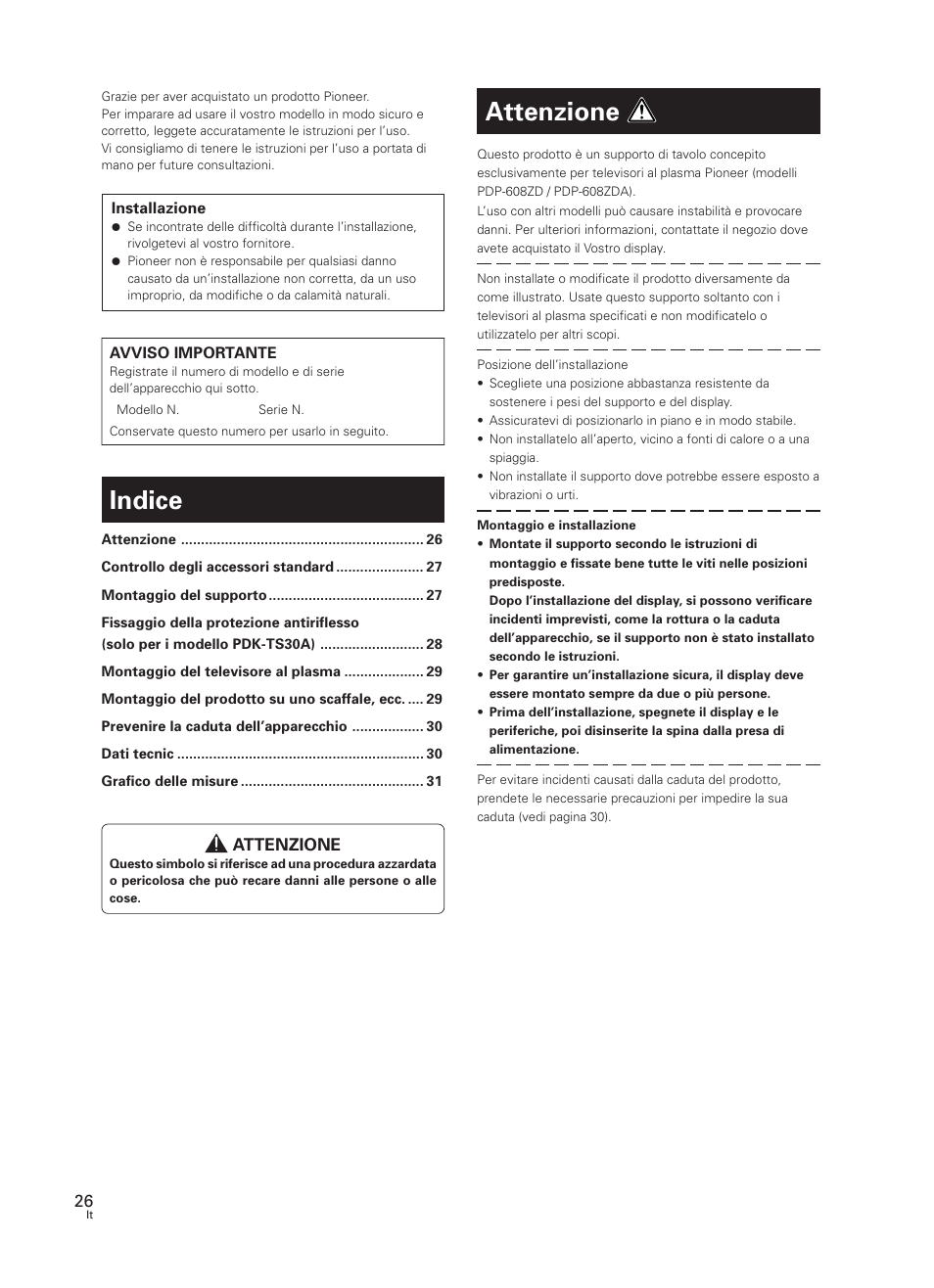 Istruzioni di utilizzo, Supporto di tavolo, Indice | Attenzione | Pioneer PDK-TS30 User Manual | Page 26 / 50