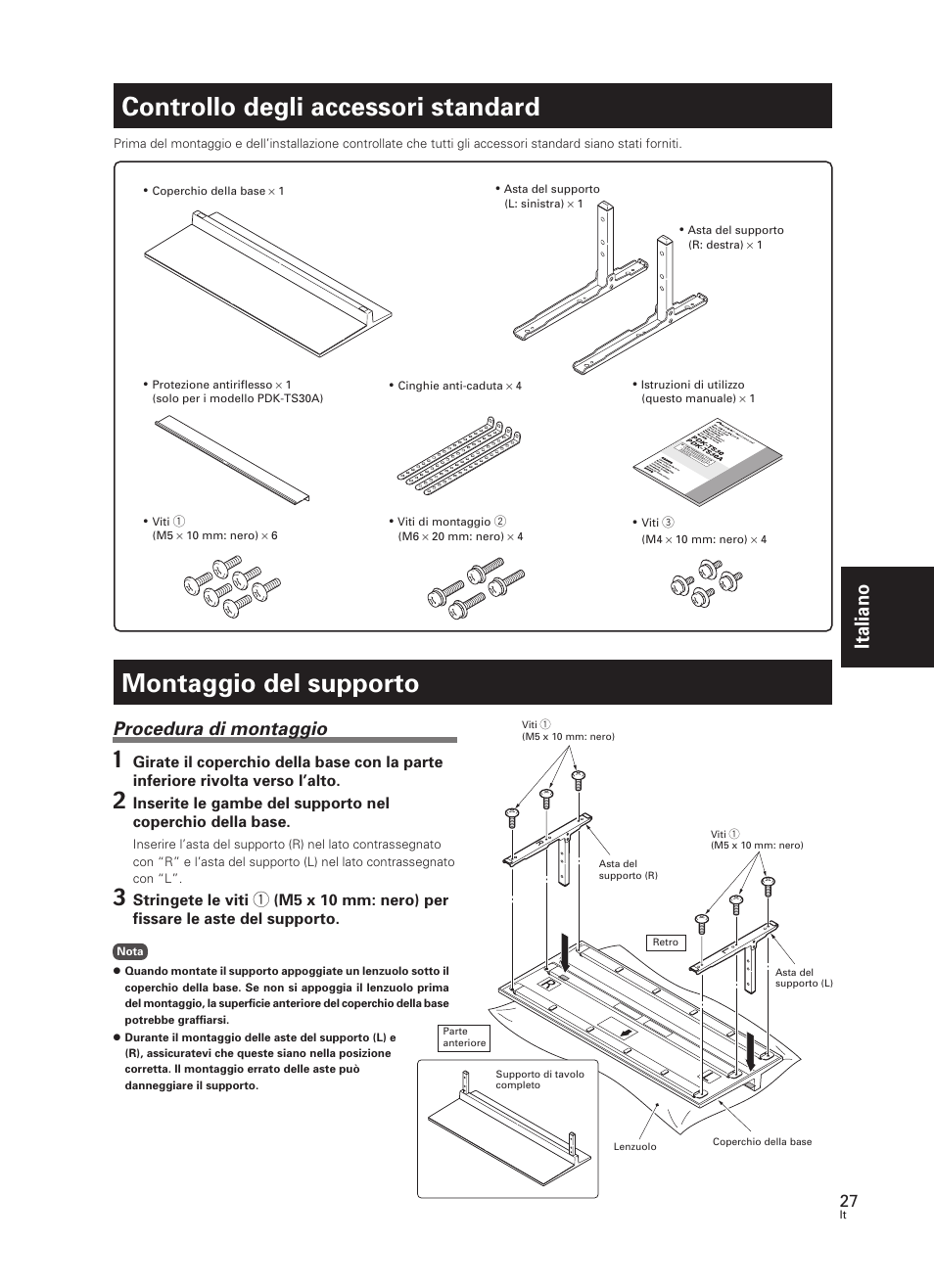 Controllo degli accessori standard, Montaggio del supporto, Italiano | Procedura di montaggio | Pioneer PDK-TS30 User Manual | Page 27 / 50