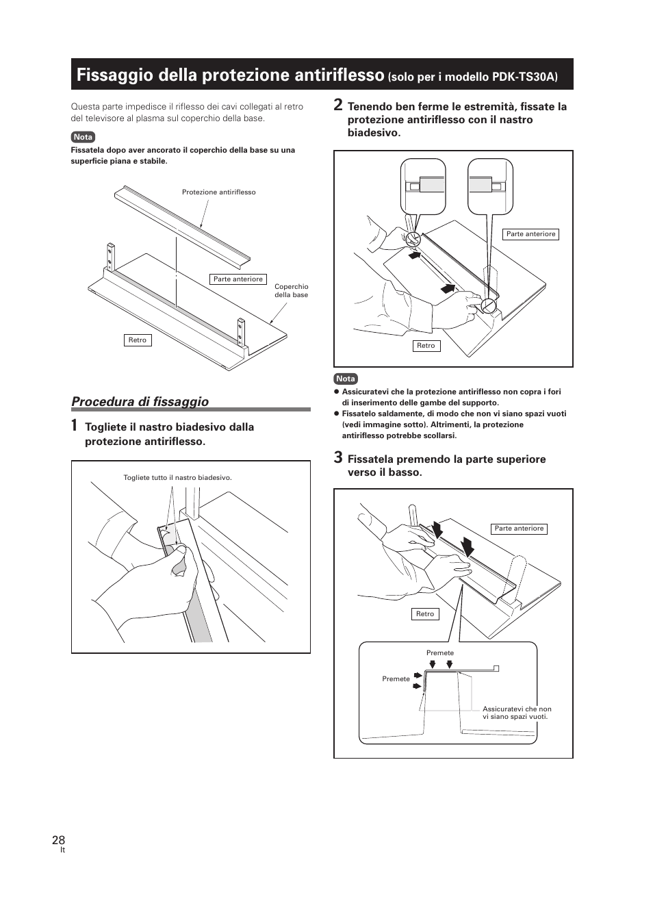 Fissaggio della protezione antiriflesso, Solo per i modello pdk-ts30a), Procedura di fissaggio | Pioneer PDK-TS30 User Manual | Page 28 / 50