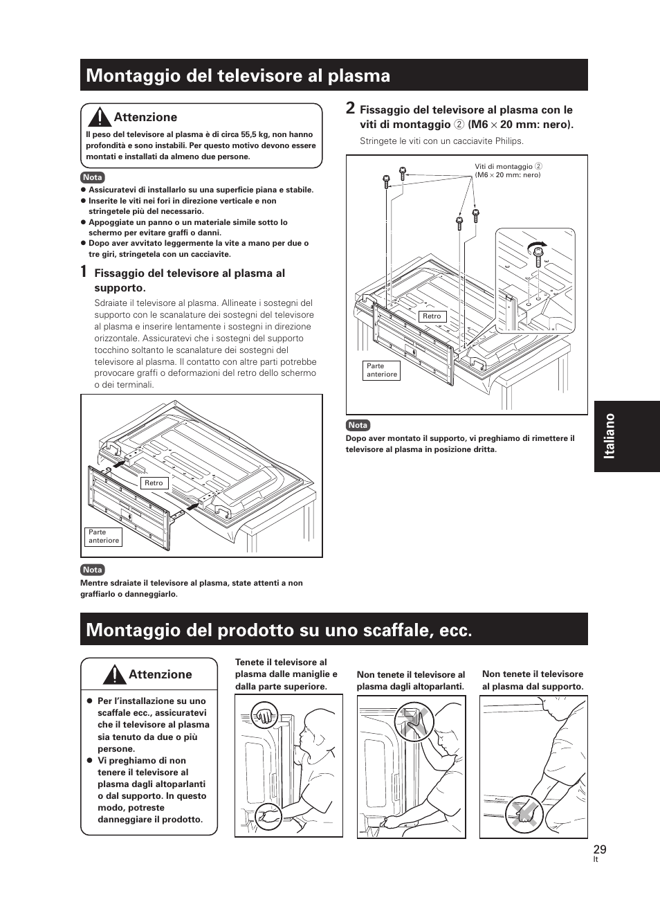 Montaggio del televisore al plasma, Montaggio del prodotto su uno scaffale, ecc, Italiano | Pioneer PDK-TS30 User Manual | Page 29 / 50