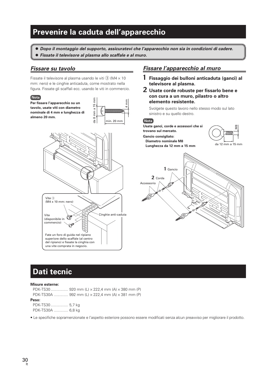 Prevenire la caduta dell’apparecchio, Dati tecnic, Fissare su tavolo | Fissare l’apparecchio al muro | Pioneer PDK-TS30 User Manual | Page 30 / 50