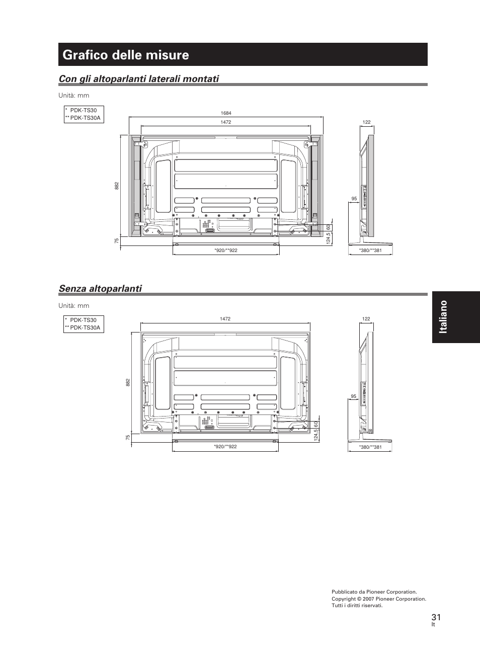 Grafico delle misure, Italiano, Con gli altoparlanti laterali montati | Senza altoparlanti | Pioneer PDK-TS30 User Manual | Page 31 / 50