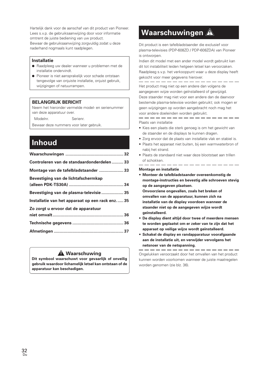 Handleiding, Tafelbladstaander, Inhoud | Waarschuwingen | Pioneer PDK-TS30 User Manual | Page 32 / 50