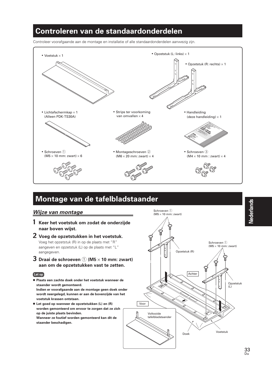 Controleren van de standaardonderdelen, Montage van de tafelbladstaander, Nederlands | Wijze van montage | Pioneer PDK-TS30 User Manual | Page 33 / 50