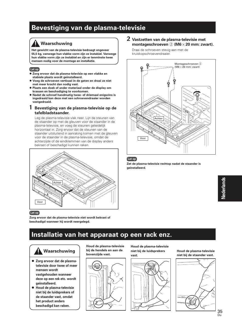Bevestiging van de plasma-televisie, Installatie van het apparaat op een rack enz, Nederlands | Pioneer PDK-TS30 User Manual | Page 35 / 50