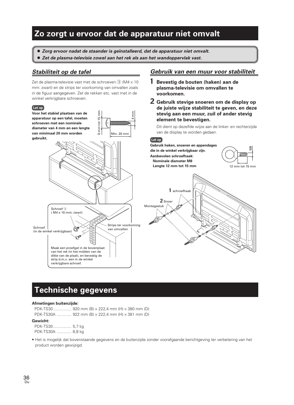 Zo zorgt u ervoor dat de apparatuur, Niet omvalt, Technische gegevens | Zo zorgt u ervoor dat de apparatuur niet omvalt, Stabiliteit op de tafel, Gebruik van een muur voor stabiliteit | Pioneer PDK-TS30 User Manual | Page 36 / 50