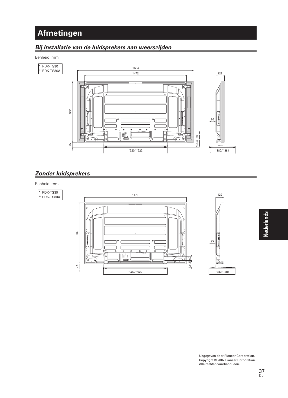 Afmetingen, Nederlands, Zonder luidsprekers | Pioneer PDK-TS30 User Manual | Page 37 / 50