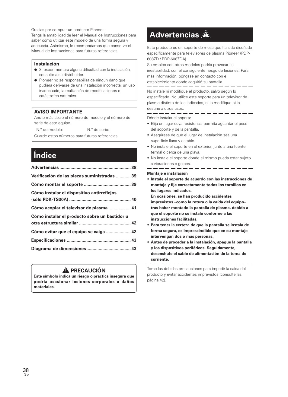 Manual de instrucciones, Soporte de mesa, Índice | Advertencias | Pioneer PDK-TS30 User Manual | Page 38 / 50