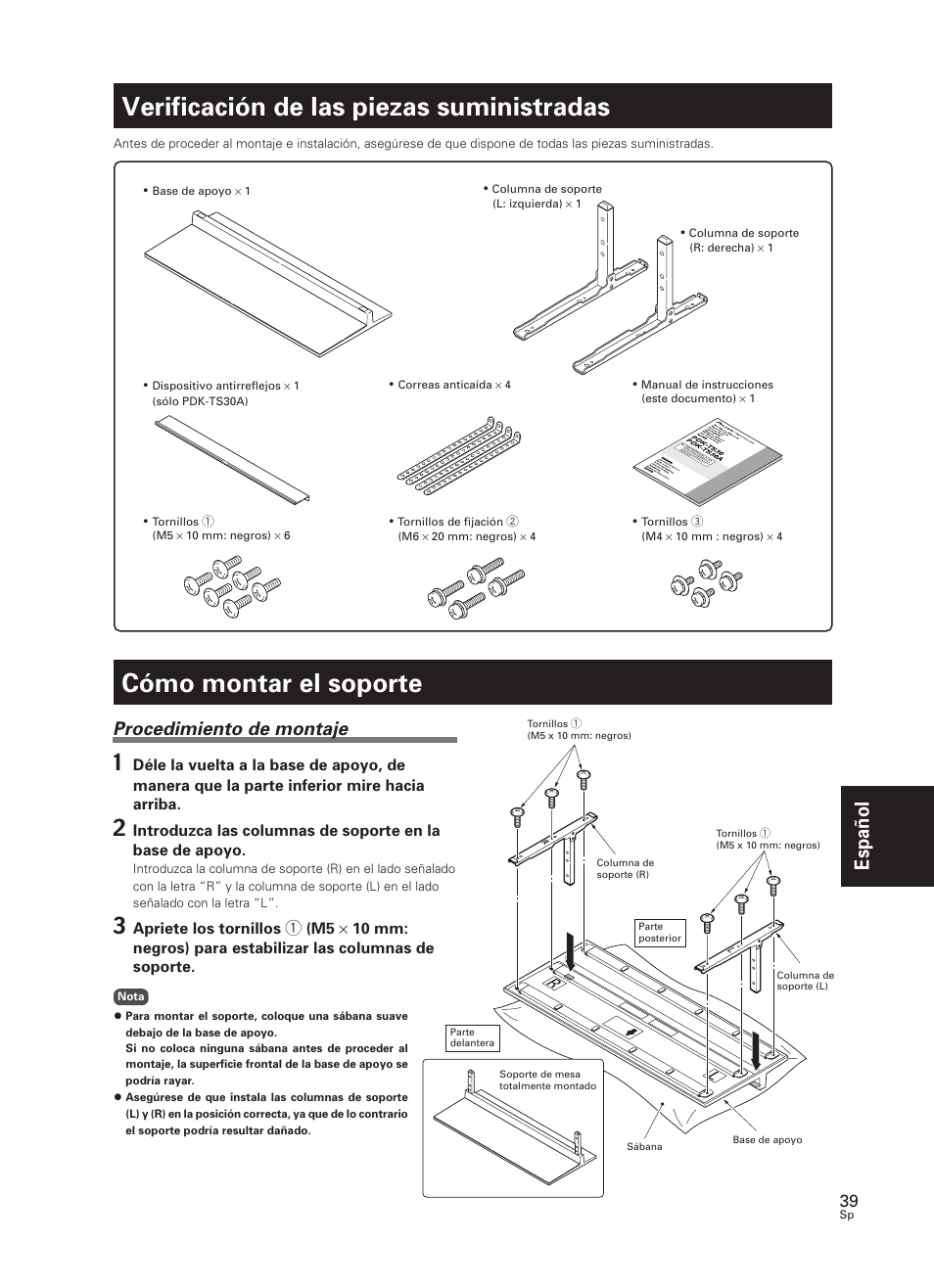 Verificación de las piezas suministradas, Cómo montar el soporte, Español | Procedimiento de montaje | Pioneer PDK-TS30 User Manual | Page 39 / 50