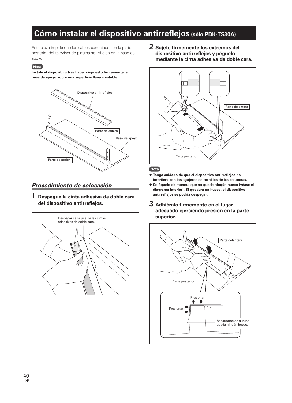 Cómo instalar el dispositivo antirreflejos, Sólo pdk-ts30a), Procedimiento de colocación | Pioneer PDK-TS30 User Manual | Page 40 / 50