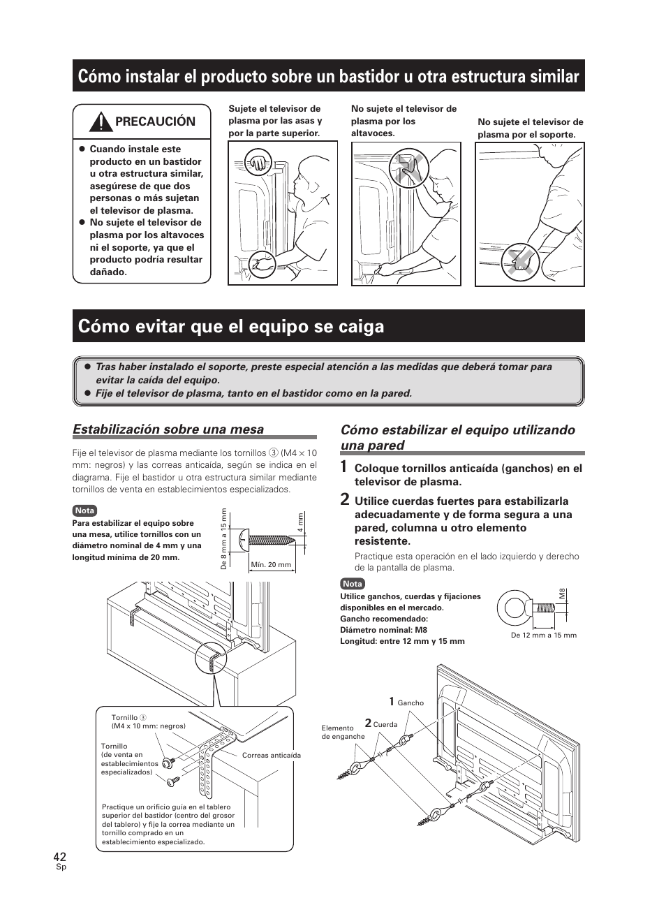 Cómo instalar el producto sobre un bastidor u, Otra estructura similar, Cómo evitar que el equipo se caiga | Estabilización sobre una mesa, Cómo estabilizar el equipo utilizando una pared | Pioneer PDK-TS30 User Manual | Page 42 / 50