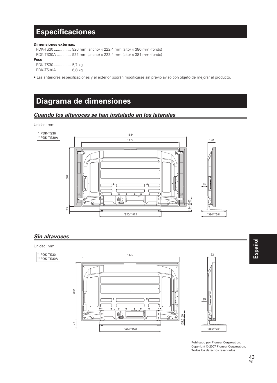 Especificaciones, Diagrama de dimensiones, Espa ñ ol | Sin altavoces | Pioneer PDK-TS30 User Manual | Page 43 / 50