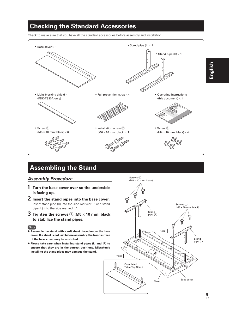 Checking the standard accessories, Assembling the stand, English | Assembly procedure | Pioneer PDK-TS30 User Manual | Page 9 / 50