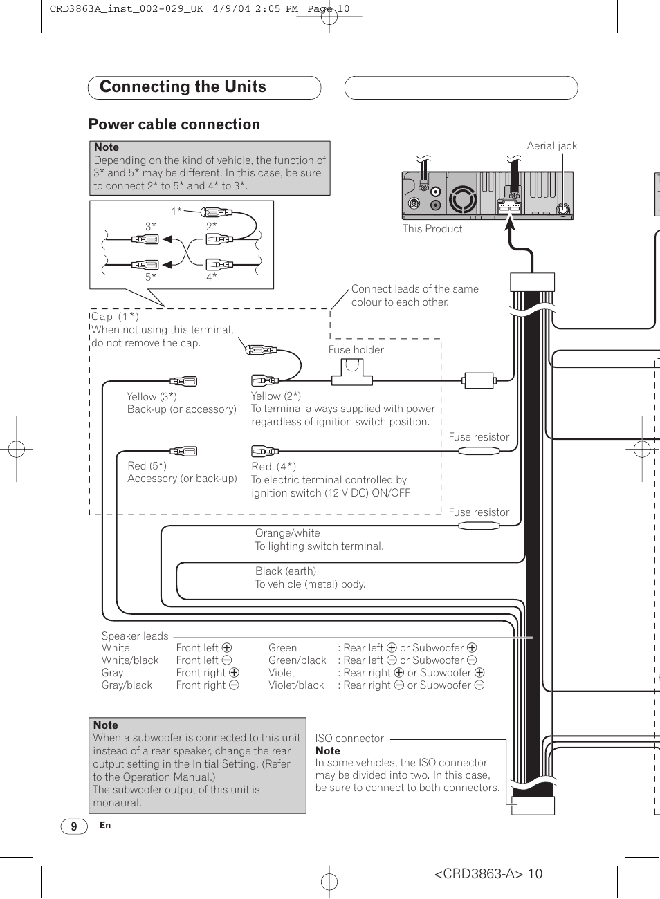 Power cable connection 9, Connecting the units, Power cable connection | Pioneer ANH-P10MP User Manual | Page 10 / 170