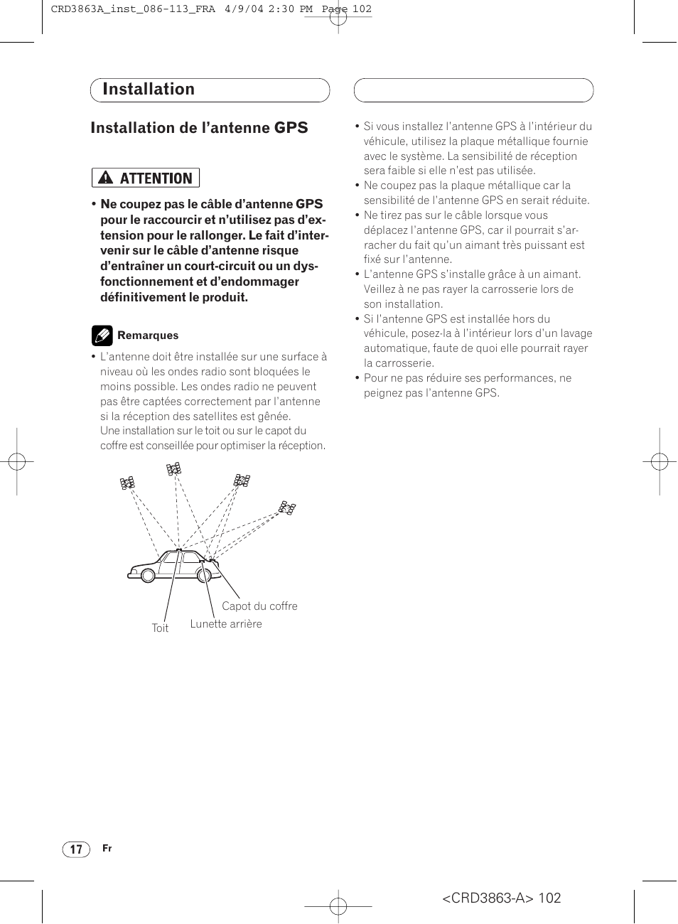 Installation de l’antenne gps 17, Installation, Installation de l’antenne gps | Pioneer ANH-P10MP User Manual | Page 102 / 170