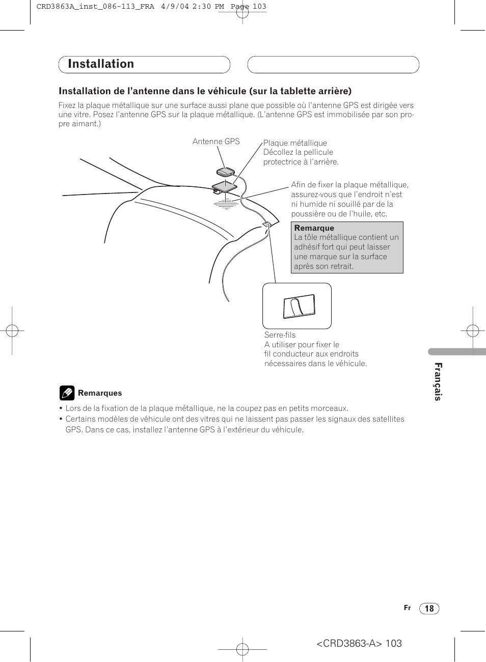 Installation de l’antenne dans le, Véhicule (sur la tablette arrière) 18, Installation | Pioneer ANH-P10MP User Manual | Page 103 / 170