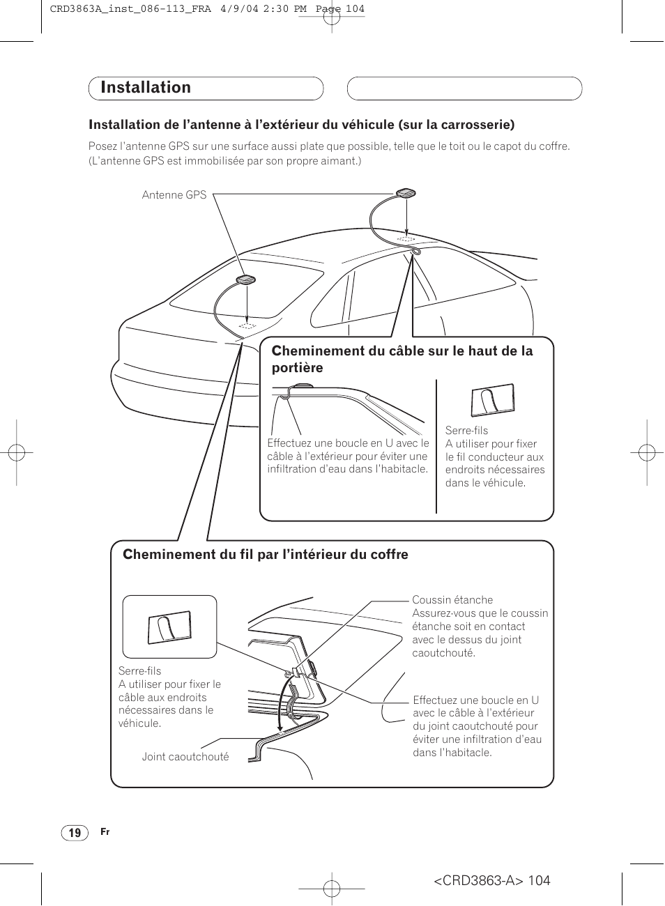 Installation de l’antenne à l’extérieur du, Véhicule (sur la carrosserie) 19, Installation | Pioneer ANH-P10MP User Manual | Page 104 / 170