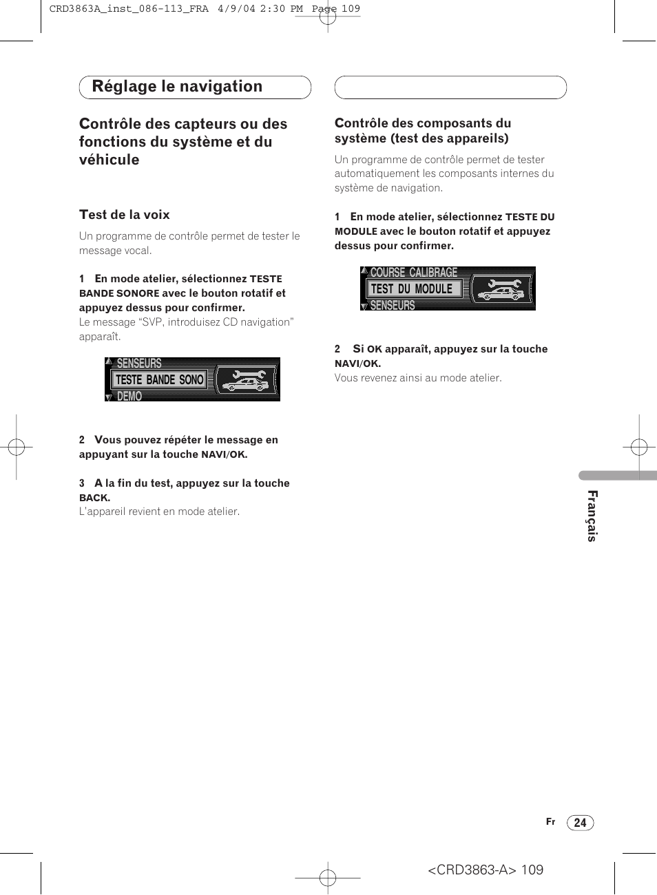 Contrôle des capteurs ou des fonctions du, Test des appareils) 24, Réglage le navigation | Pioneer ANH-P10MP User Manual | Page 109 / 170