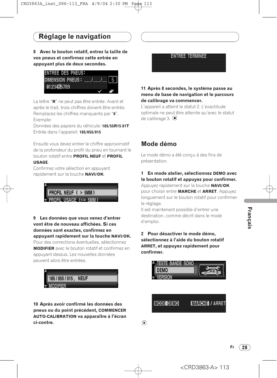 Mode démo 28, Réglage le navigation, Mode démo | Pioneer ANH-P10MP User Manual | Page 113 / 170