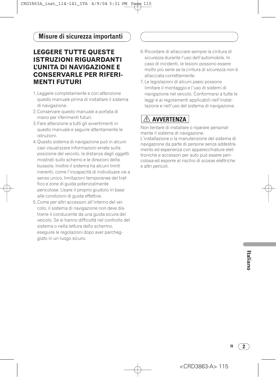 Misure di sicurezza importanti | Pioneer ANH-P10MP User Manual | Page 115 / 170