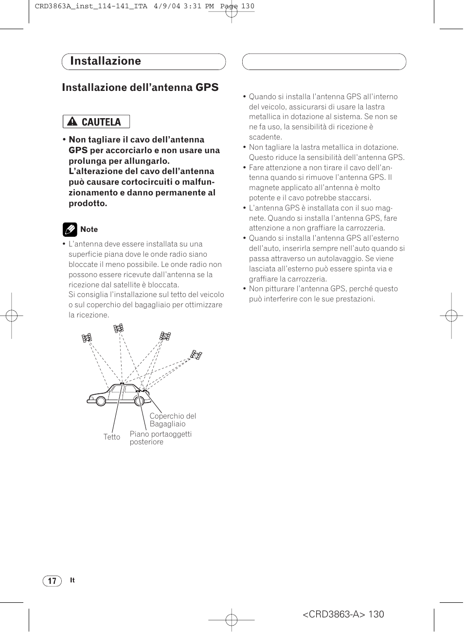 Installazione dell’antenna gps 17, Installazione, Installazione dell’antenna gps | Pioneer ANH-P10MP User Manual | Page 130 / 170