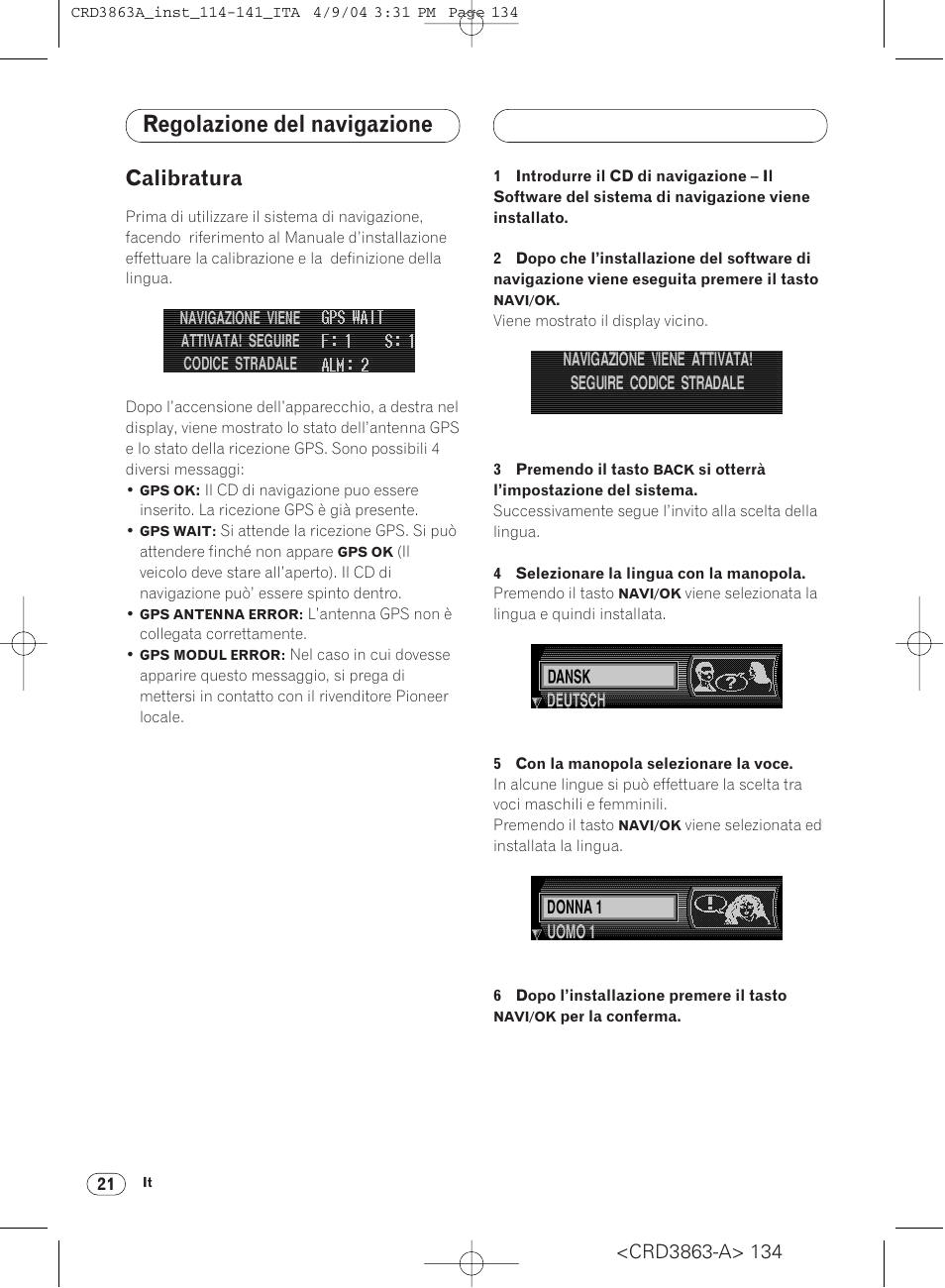 Regolazione del navigazione, Calibratura 21, Calibratura | Pioneer ANH-P10MP User Manual | Page 134 / 170