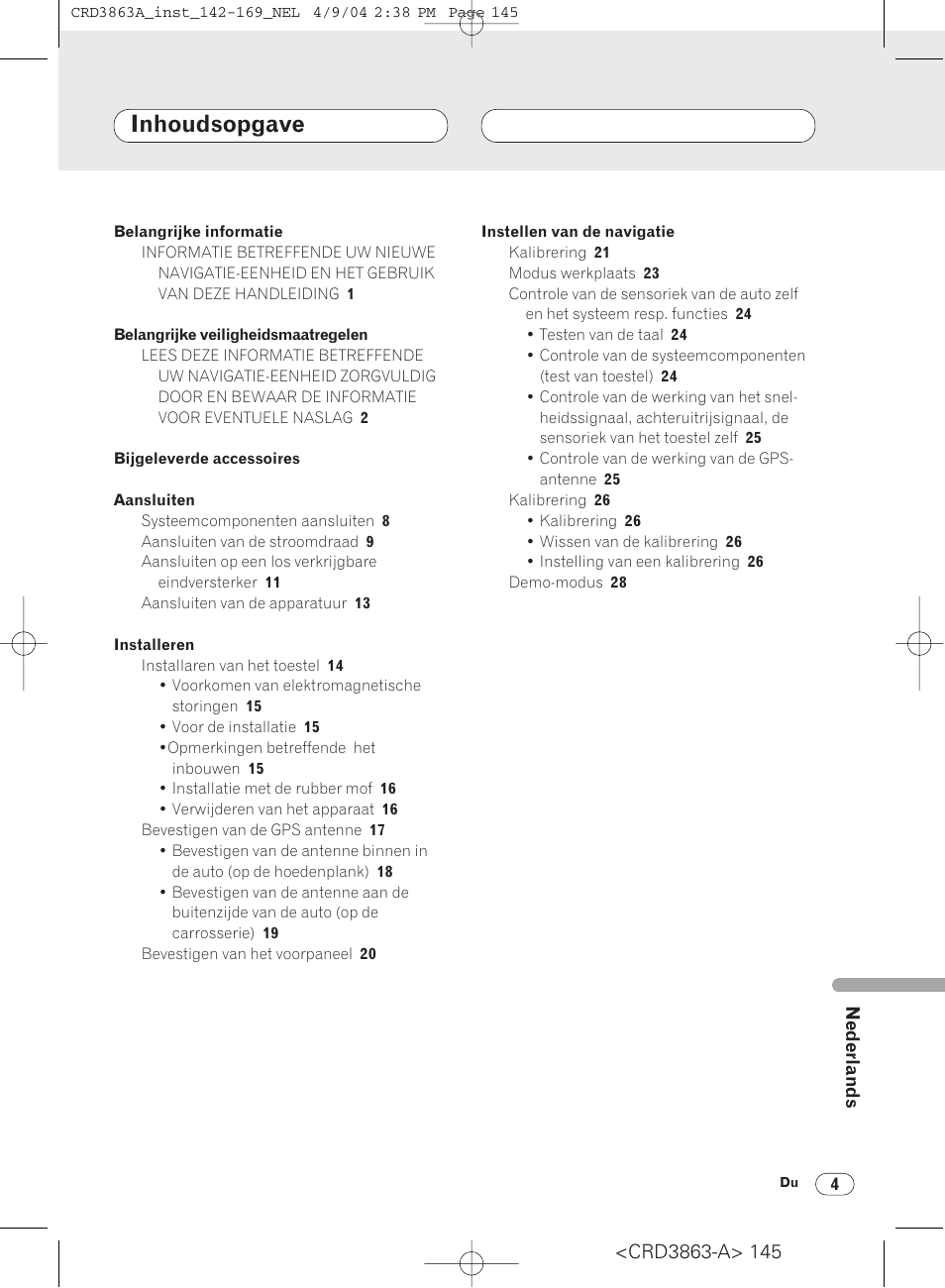 Nederlands, Inhoudsopgave | Pioneer ANH-P10MP User Manual | Page 145 / 170