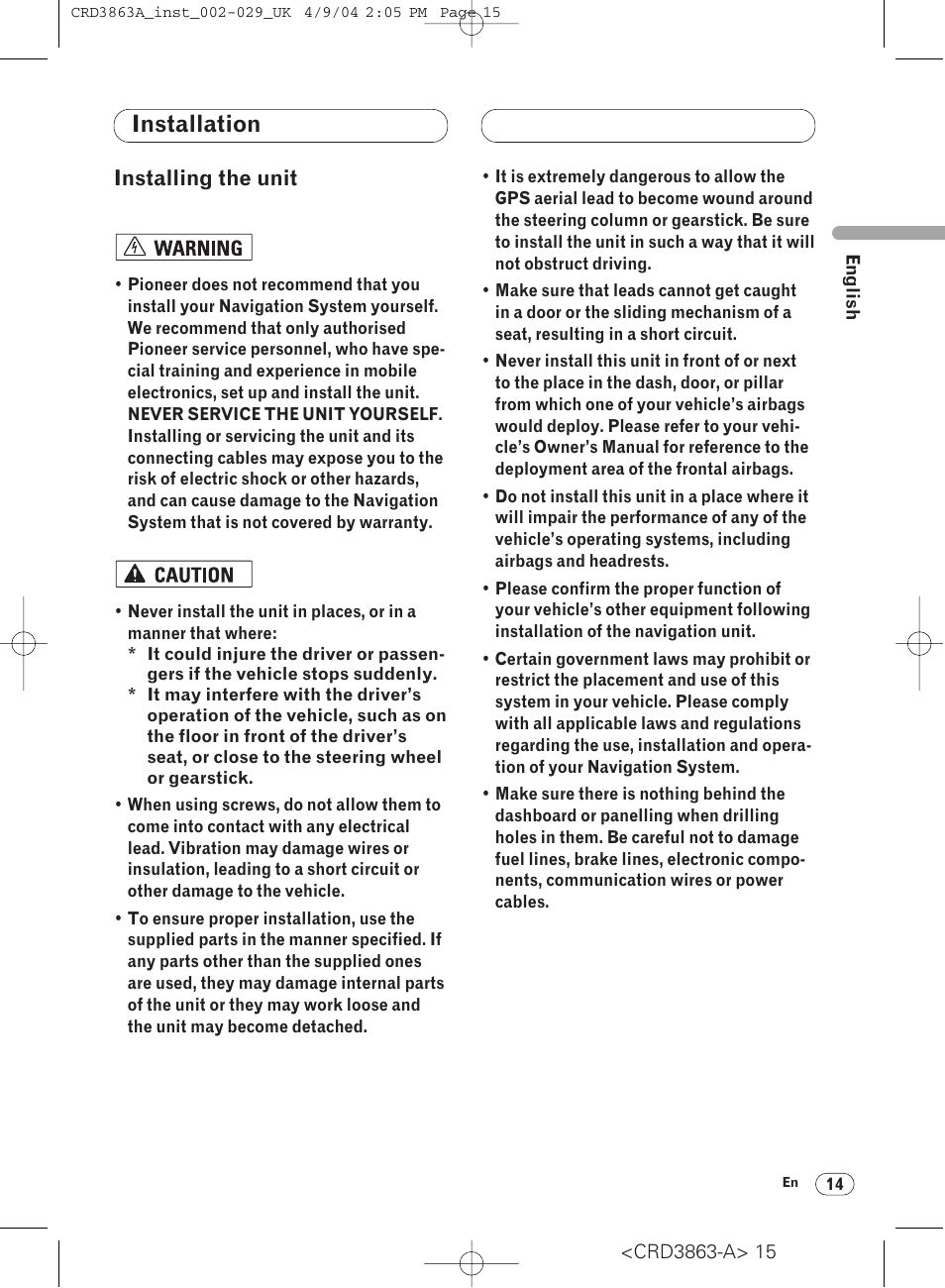 Installation, Installing the unit 14, Installing the unit | Pioneer ANH-P10MP User Manual | Page 15 / 170
