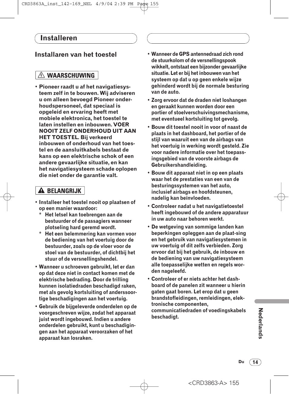 Installeren, Installaren van het toestel 14, Installaren van het toestel | Pioneer ANH-P10MP User Manual | Page 155 / 170