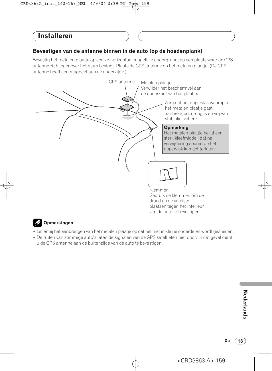 Bevestigen van de antenne binnen in, De auto (op de hoedenplank) 18, Installeren | Pioneer ANH-P10MP User Manual | Page 159 / 170